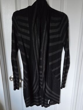 Women's Black and Charcoal Striped Open-Front Cardigan